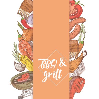 Barbekü ve ızgara biftek, Balık ve et ile çizilmiş tasarım el. Piknik partisi