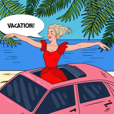 Bir pembe araba Sunroof duran Pop Art kadın