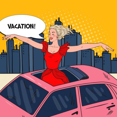 Pop Art Woman Standing in a Car Sunroof clipart