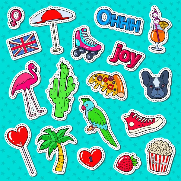 Stickers Mode Mode Mode Adolescente, Badges et Patchs avec Chien Mignon, Oiseaux Tropicaux et Coeurs — Image vectorielle