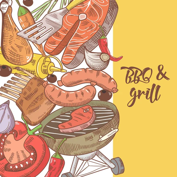 Grilla i Grill ręcznie rysowane Design z mięsem, kiełbasą i warzywami. Piknik Party — Wektor stockowy