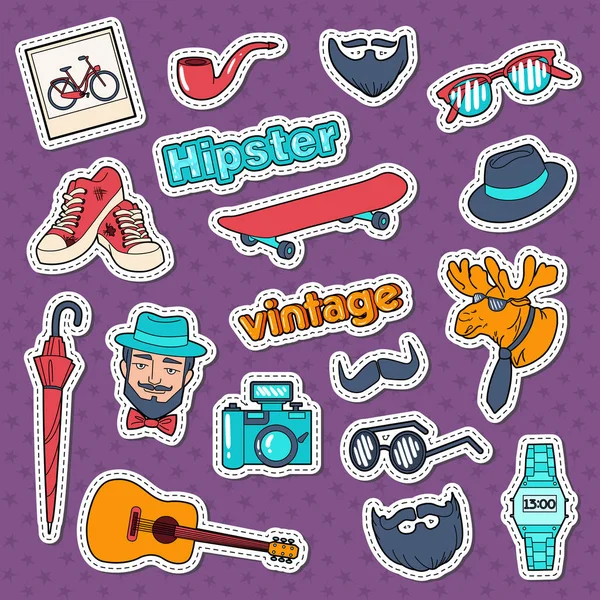 Stickers Vintage Style Hipster, Badges et Patchs avec Barbe, Moustache et Eléments Rétro — Image vectorielle