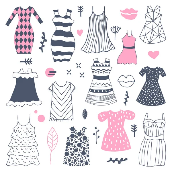 Mujer Moda Vestidos dibujados a mano Doodle. Ilustración a mano alzada — Vector de stock