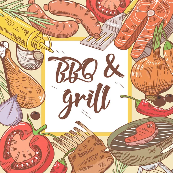 Grill i BBQ ręcznie narysowane Design z steki, ryby i warzywa. Piknik Party — Wektor stockowy