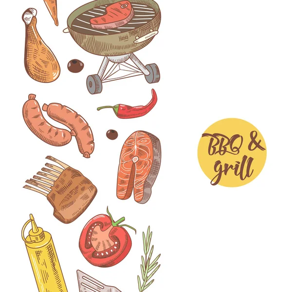 Grill és Grill kézzel rajzolt tervez-val hús, kolbász, zöldség. Piknik fél — Stock Vector