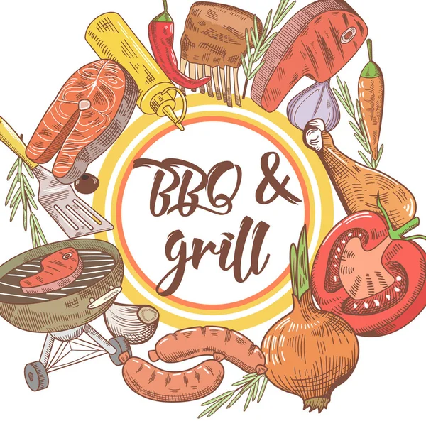 BBQ et grill Design dessiné à la main avec steak, poisson et viande. Fête pique-nique — Image vectorielle