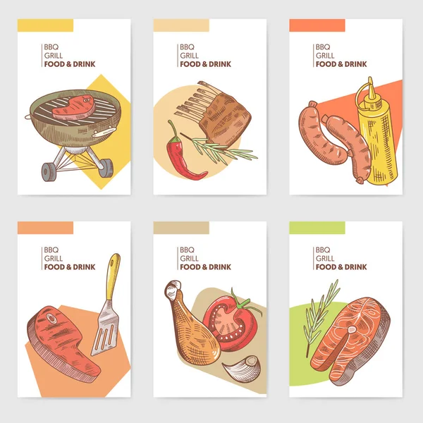 バーベキューとグリル手の描かれたカード パンフレット メニュー肉、ステーキと野菜。食べ物や飲み物 — ストックベクタ