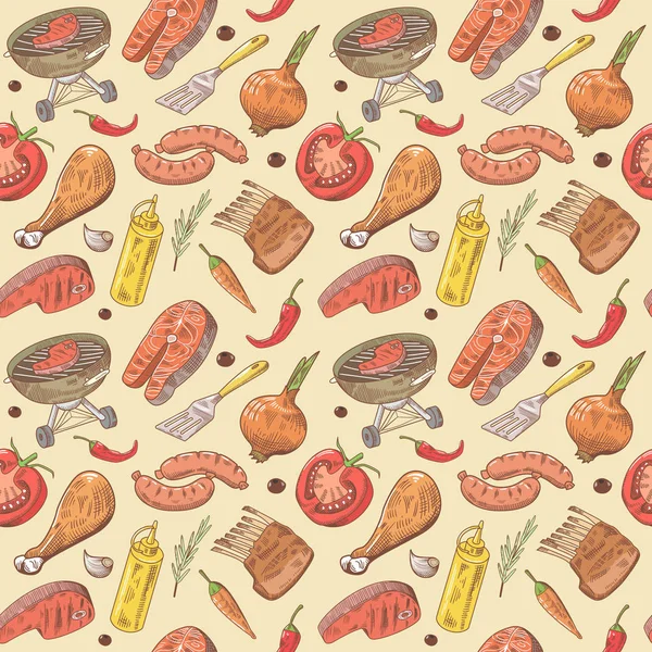 바베 큐 및 그릴 스테이크, 고기, 생선, 야채와 함께 그려진된 완벽 한 배경 손. 피크닉 파티 패턴 — 스톡 벡터