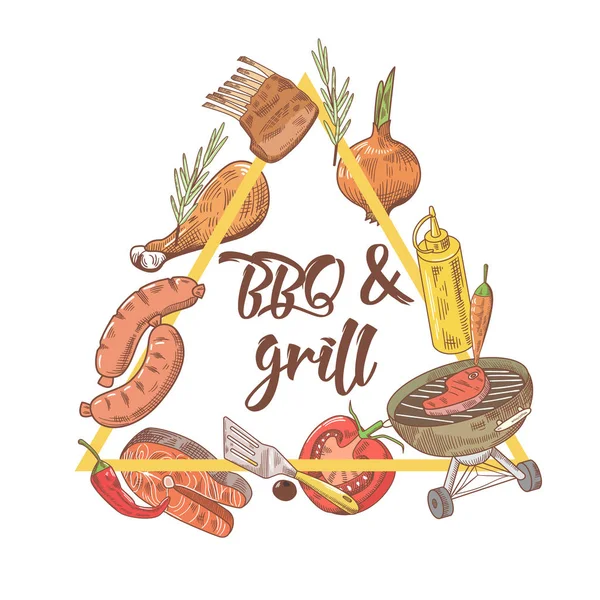 Barbecue et grill Design dessiné à la main avec steak, viande, poisson et légumes. Fête pique-nique — Image vectorielle