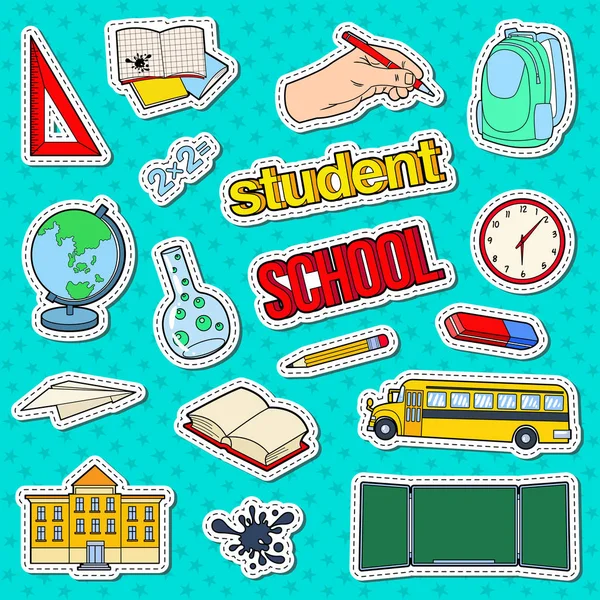 Terug naar School Stickers, Badges en Patches met Pen, boek en rugzak. Onderwijs Concept — Stockvector