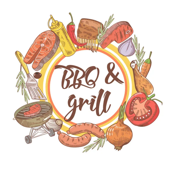 Grill i BBQ ręcznie narysowane Design z steki, ryby i sosem. Piknik Party — Wektor stockowy