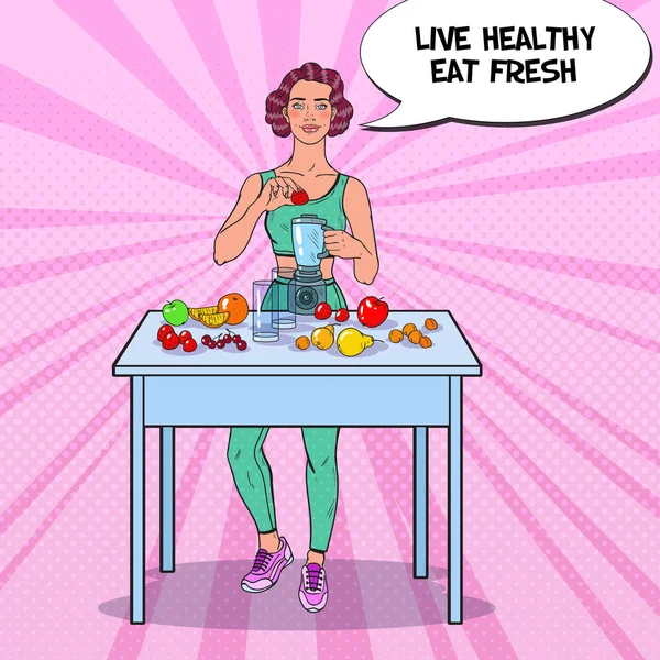 Pop Art νεαρή γυναίκα κάνοντας Smoothie στο μπλέντερ με φρέσκα φρούτα. Υγιεινή διατροφή. Δίαιτας χορτοφάγων τροφίμων — Διανυσματικό Αρχείο