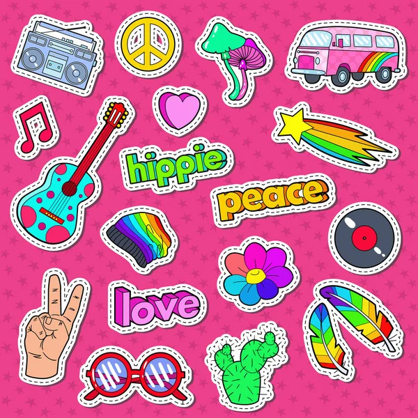 Adesivi, badge e patch stile di vita hippie con Van rosa, segno di pace e chitarra colorata — Vettoriale Stock