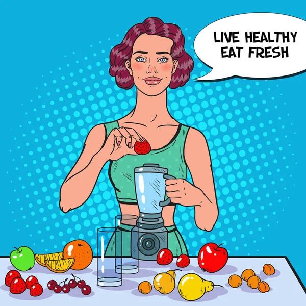 Pop Art νεαρή γυναίκα κάνοντας Smoothie με φρούτα. Υγιεινή διατροφή. Δίαιτας χορτοφάγων τροφίμων — Διανυσματικό Αρχείο