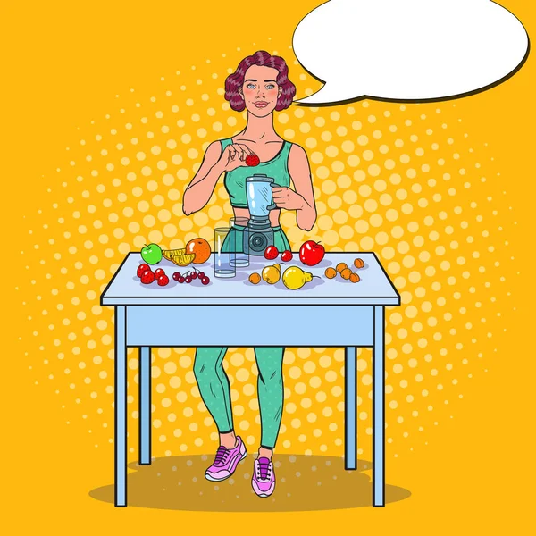 Pop Art mujer haciendo batido en licuadora — Vector de stock