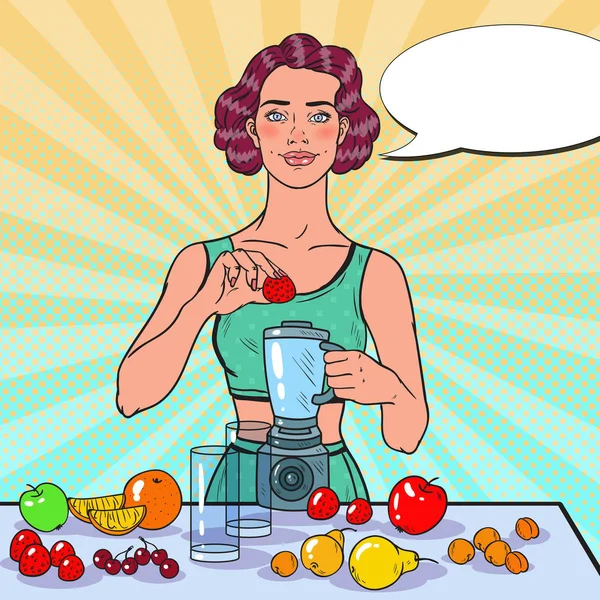 Pop Art Woman Making Smoothie with Fresh Fruits — Stock Vector