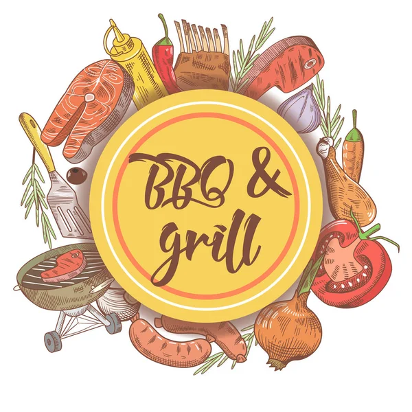 Barbecue et Grill Fond dessiné à la main avec steak — Image vectorielle