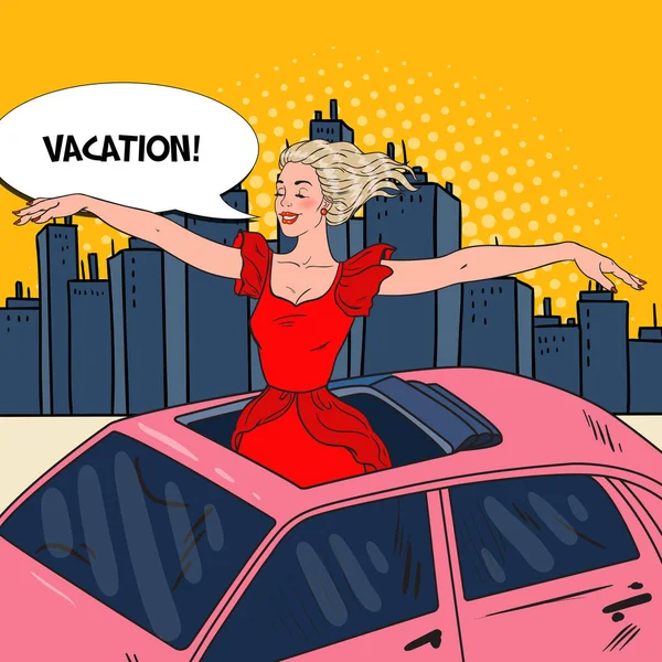 Pop Art Femme debout dans un toit ouvrant de voiture — Image vectorielle