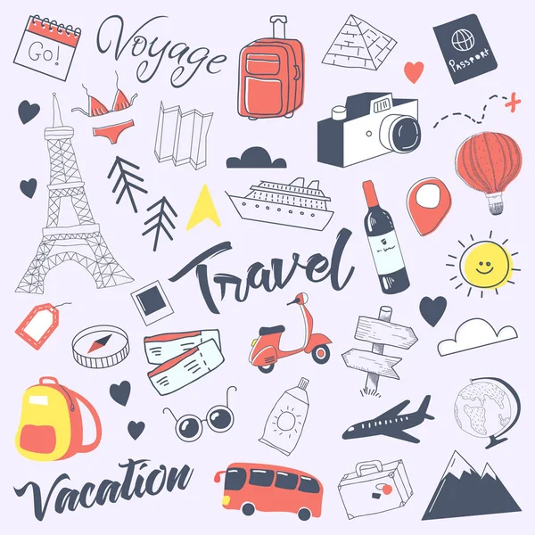 Doodle desenhado à mão de viagem com bagagem, globo —  Vetores de Stock