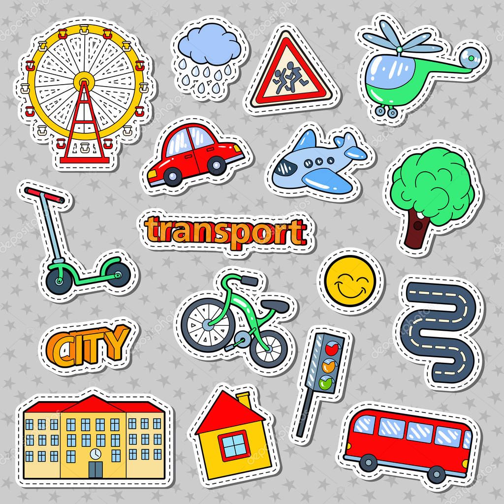 Children Transport Doodle with Bicycle, Bus and Airplane. Childhood Stickers, Badges and Patches