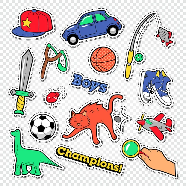Ragazzo Doodle infanzia con palla, giocattoli e vestiti. Adesivi, badge e patch per bambini. Illustrazione vettoriale — Vettoriale Stock