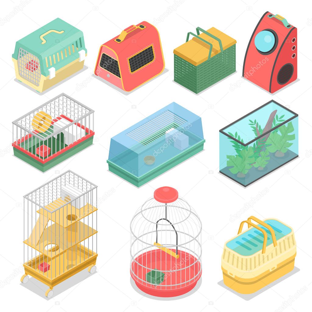 Isometric Pet Carriers with Aquarium and Portable House for Cat, Hamster and Bird. Vector flat 3d illustration