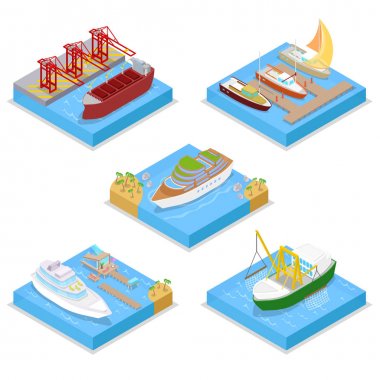 İzometrik su taşıma kümesi Cruise ve endüstriyel gemi ile. Yelken ve nakliye. Vektör düz 3d çizim