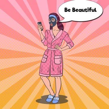 Pop Art kara maske yüzünde güzel kadınla. Cilt Bakımı ve güzellik. Vektör çizim