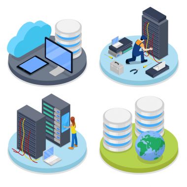 İzometrik sistem yöneticisi. Sunucu odası. Veri depolama. BT personeli. Vektör düz 3d çizim