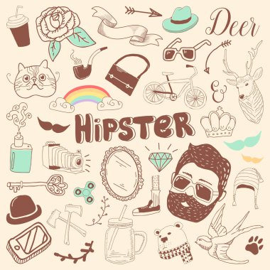 FreeHand Hipster öğeleri ayarlayın. Elle çizilmiş Vintage moda Doodle. Vektör çizim