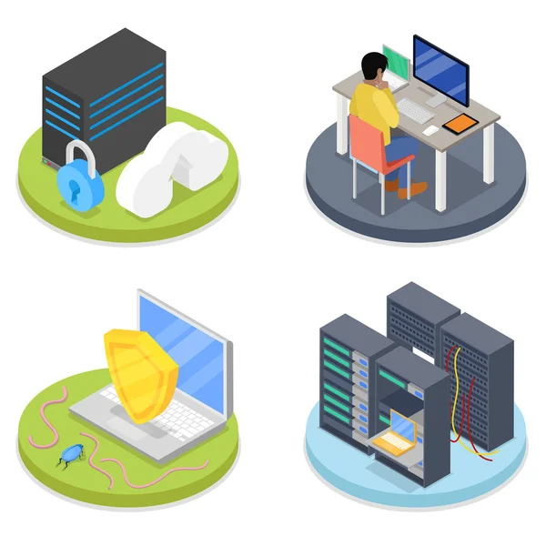 Isometrisk systemadministratör. Serverrum. Datalagring. Nätverkssäkerhet. Vector platt 3d illustration — Stock vektor