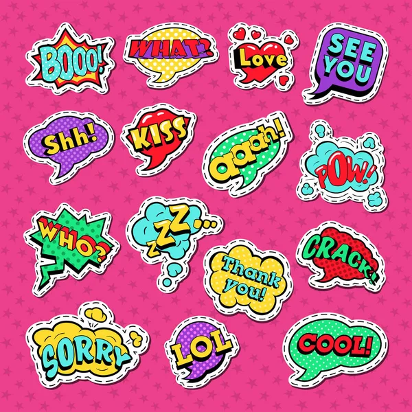 Pop Art komik konuşma komik metin kümesiyle kabarcıklar. Sohbet, iletişim çıkartmalar, rozetleri ve düzeltme ekleri. Vektör çizim