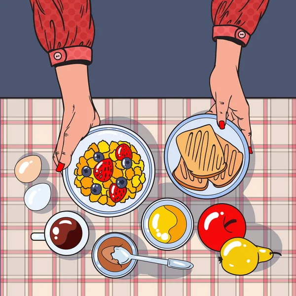 Healthy Breakfast Table Top View with Female Hands Holding Bowl, Fruits and Eggs (dalam bahasa Inggris). Konsep Diet. Ilustrasi vektor - Stok Vektor