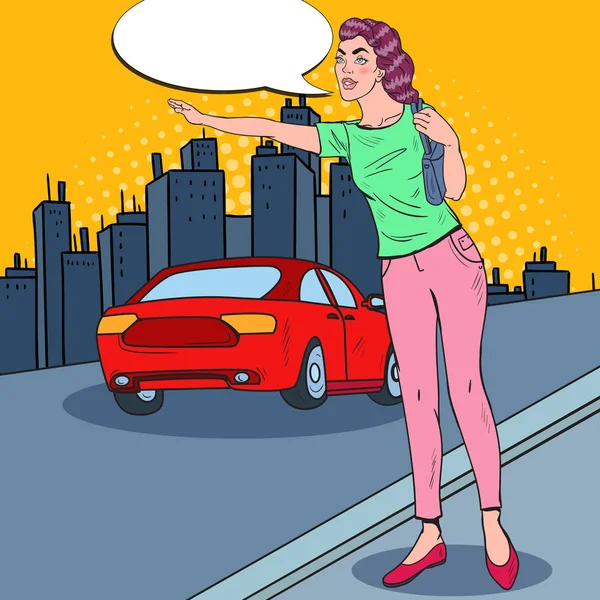 Pop sztuka kobieta próbuje złapać samochód na drodze miasta. Ilustracja wektorowa — Wektor stockowy