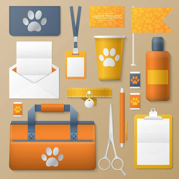 Set de plantillas de identidad corporativa Pet Groomer. Perros moda mofa estacionaria. Marcas personales. Ilustración vectorial — Archivo Imágenes Vectoriales