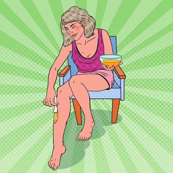 Pop-Art junge Frau beim Waxing ihres Beines. Hautpflege und Schönheitskonzept. Vektorillustration — Stockvektor