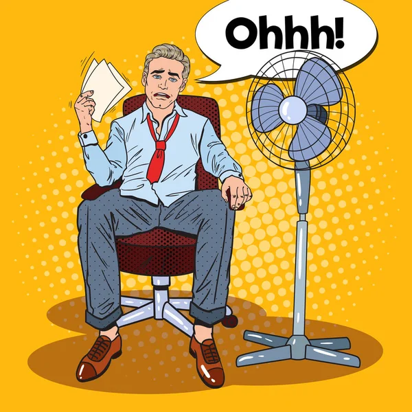 Pop Art Sweating Homme d'affaires devant le ventilateur au travail de bureau. Chaleur estivale. Illustration vectorielle — Image vectorielle