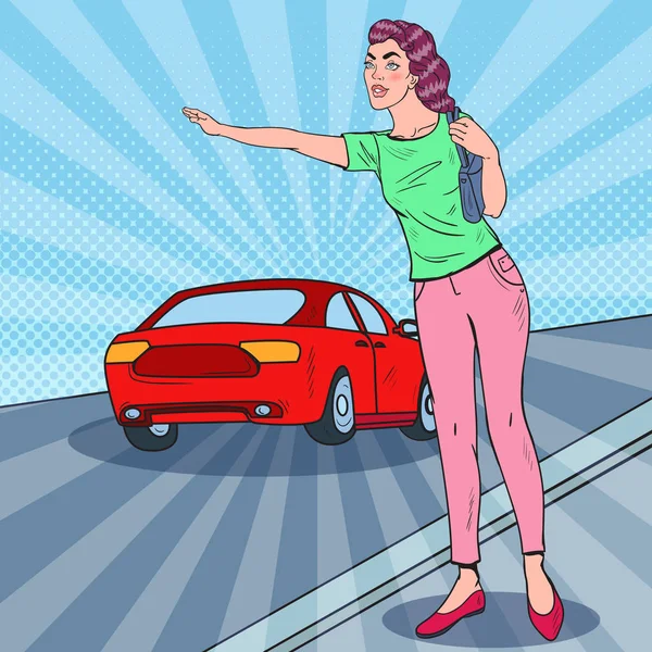 Pop Art kvinna fånga en bil i City vägen. Vektorillustration — Stock vektor