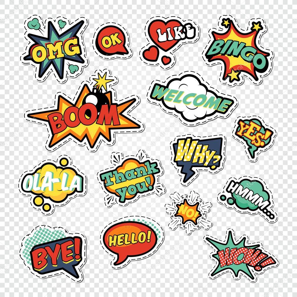 Pop Art Comic Speech Bubbles with Funny Text. Chat, Communication Stickers, Badges and Patches. Vector illustration