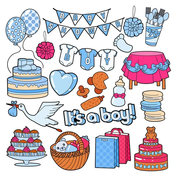 Baby Shower Si tratta di una festa per ragazzi Doodle con elementi per bambini. Illustrazione vettoriale — Vettoriale Stock