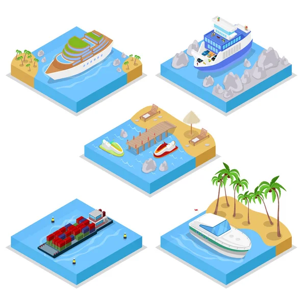 Isometric Water Transportation Set with Cruise and Industrial Ship. Sailing and Shipping. Vector flat 3d illustration