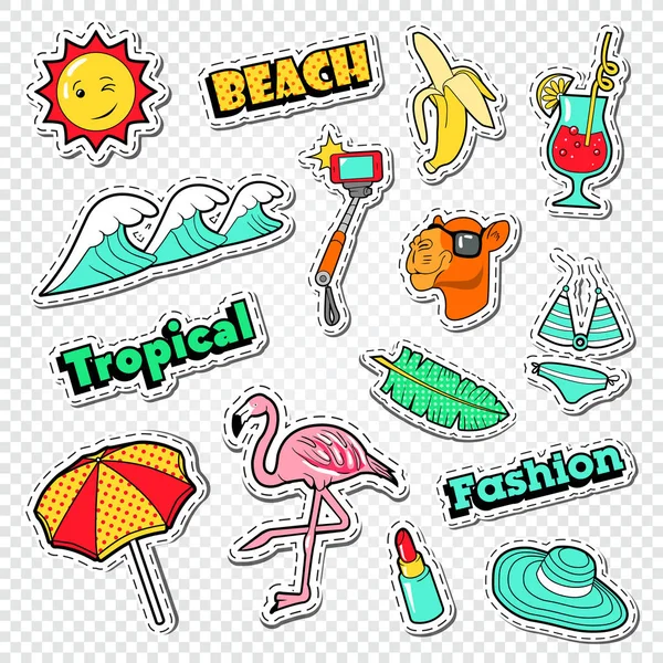 Set adesivi per vacanze al mare. Vacanze Tropicali Doodle con fenicottero, bikini e cocktail. Illustrazione vettoriale — Vettoriale Stock