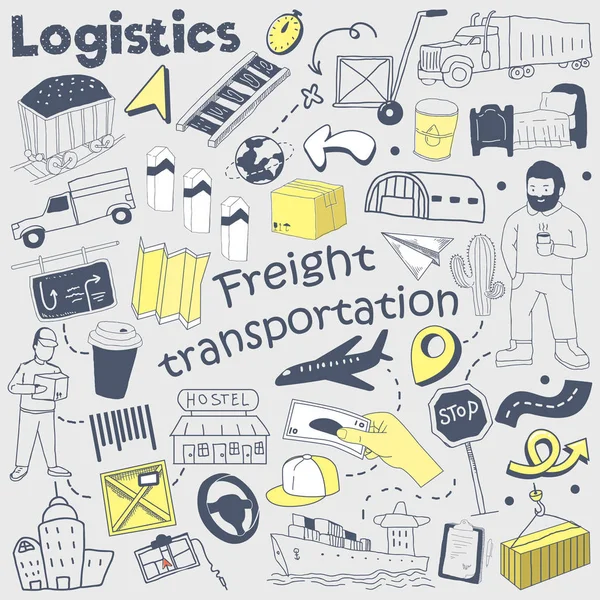 Servizio logistico disegnato a mano Doodle. Consegna e spedizione Set di elementi a mano libera. Illustrazione vettoriale — Vettoriale Stock