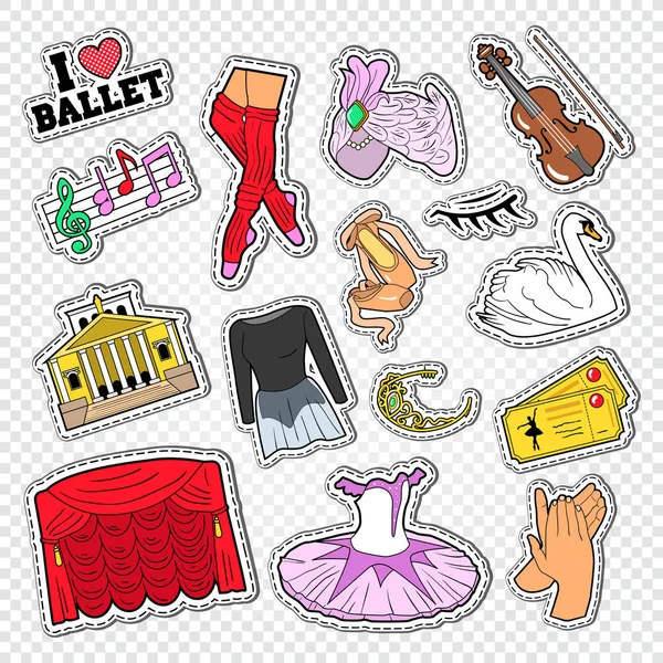 Ballet Doodle con pegatinas de teatro de danza, parches e insignias. Ilustración vectorial — Archivo Imágenes Vectoriales