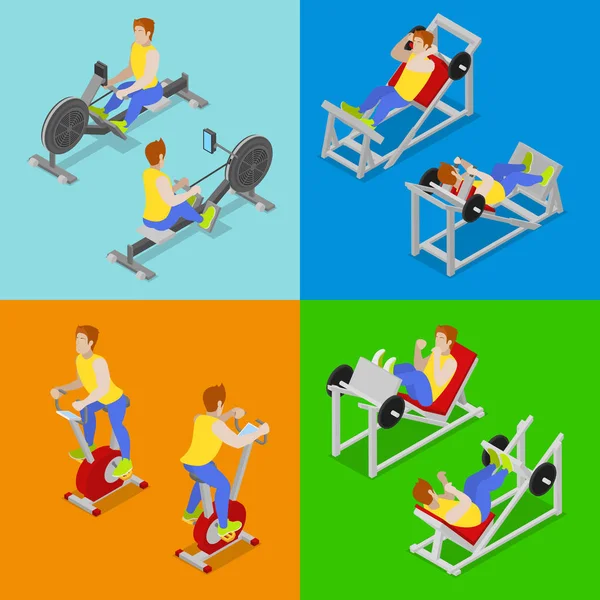 Gente isométrica en el gimnasio. Entrenamiento de deportistas. Equipamiento deportivo. Vector plano 3d ilustración — Vector de stock