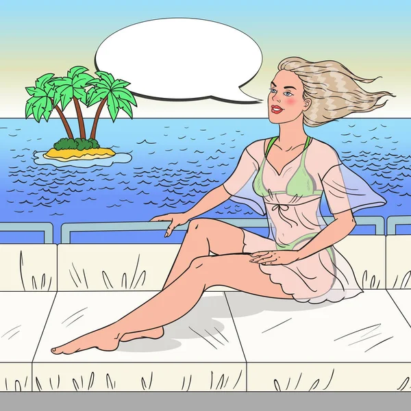 Pop Art jonge vrouw zitten op privé jacht in zee. Strandvakantie. Vectorillustratie — Stockvector