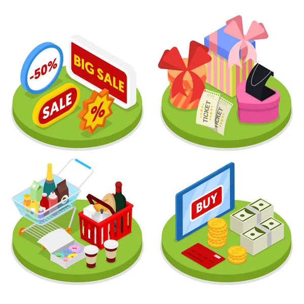 Isometric Online Shopping Concept. Paiement mobile. Commerce électronique. Illustration 3D vectorielle plate — Image vectorielle