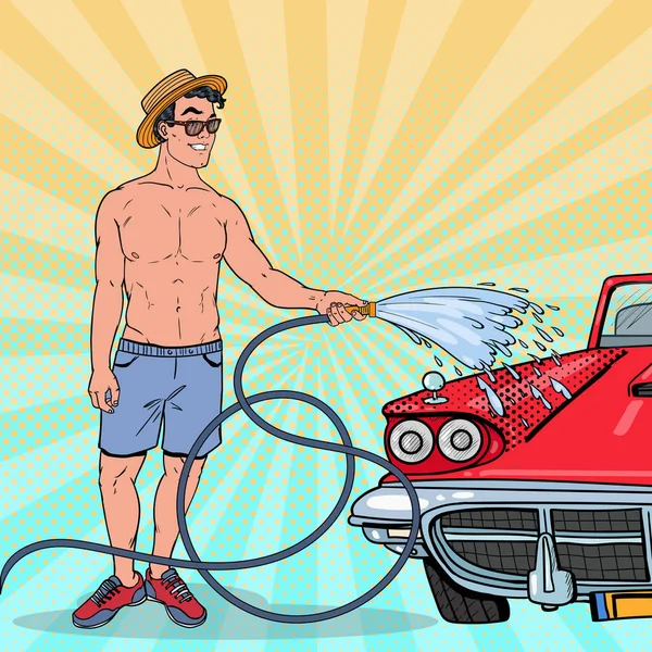 Pop Art Bonitão cara lavando seu carro clássico. Ilustração vetorial —  Vetores de Stock