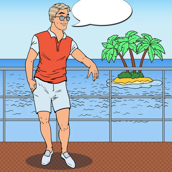 Pop Art Handsome Man Relaxing di Private Yacht. Tropical Beach Vacation. Ilustrasi vektor - Stok Vektor