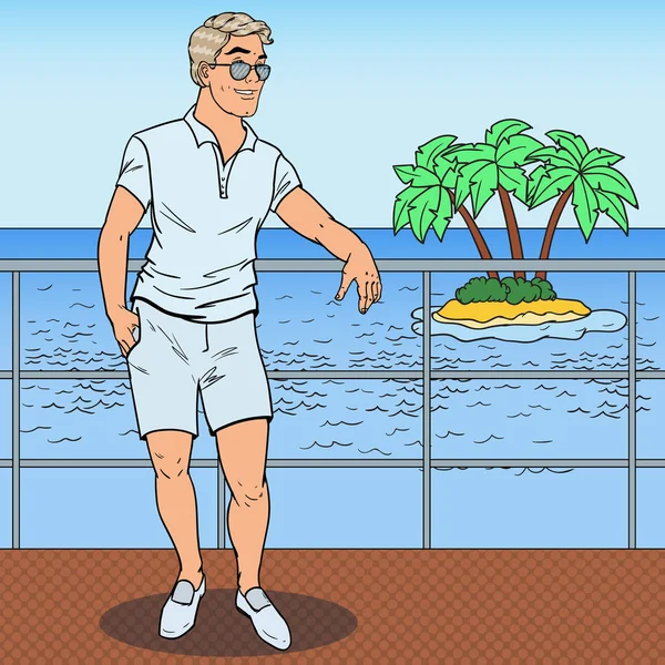 Pop Art Bonitão Homem em pé no iate privado. Férias na praia tropical. Ilustração vetorial — Vetor de Stock